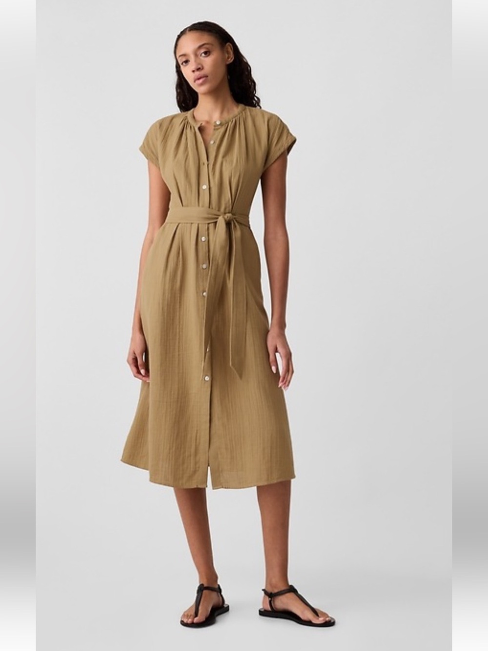 GAP Khaki Gauzy Cotton Midi Belted Shirt Dress Medium